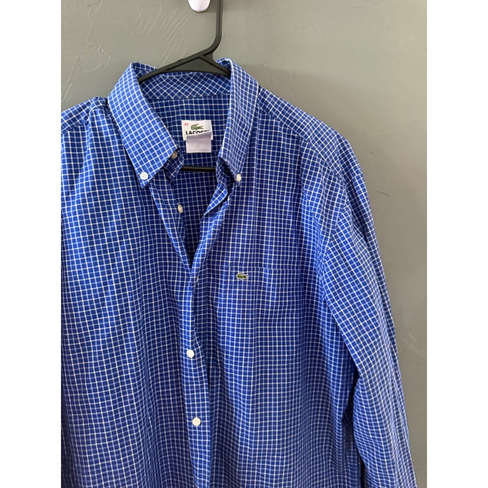 Lacoste Mens Blue White Micro Check Button Down Shirt Regular 42 L Long Sleeve